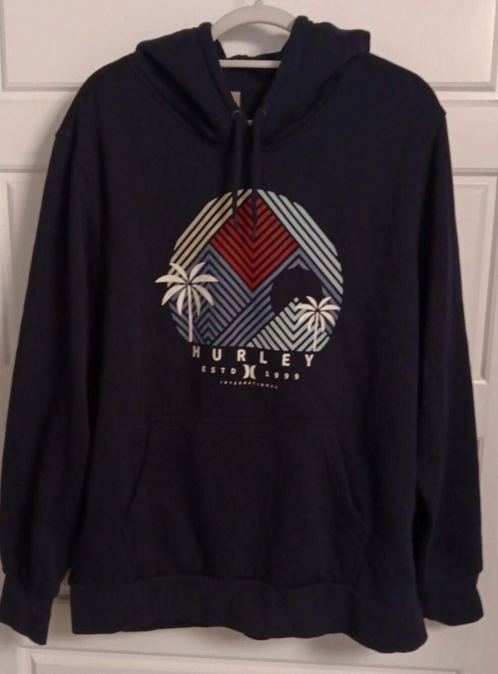 Hurley Men's Navy Blue Pullover Hoodie with Palm Tree Graphic
